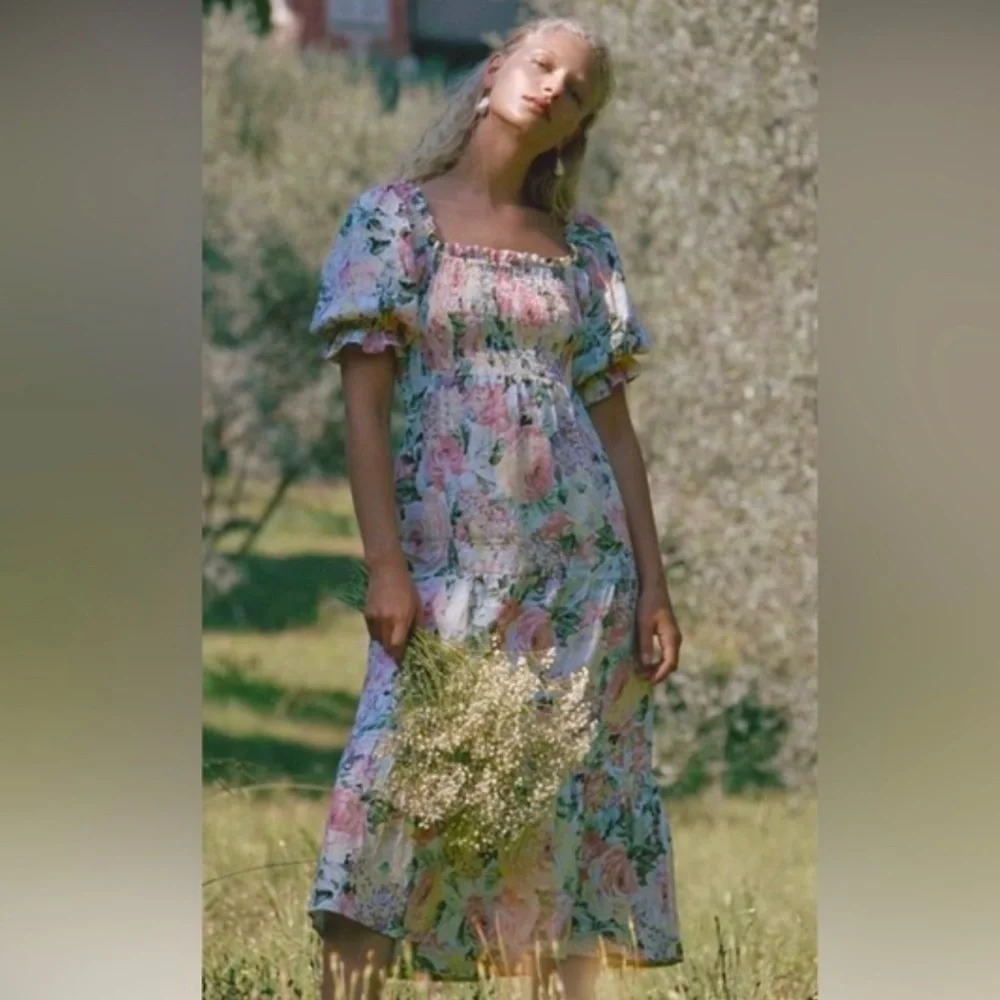 FAITHFULL THE BRAND De Christin Venissa Floral Print Midi Dress Size 4 Linen